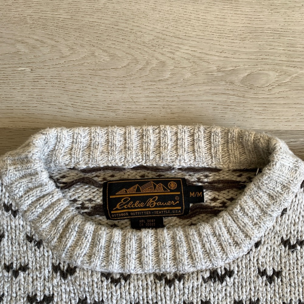 Vintage‎ Eddie Bauer Mens Cotton Birds Eye Knit Crewneck Sweater Cream Brown M - Picture 6 of 9